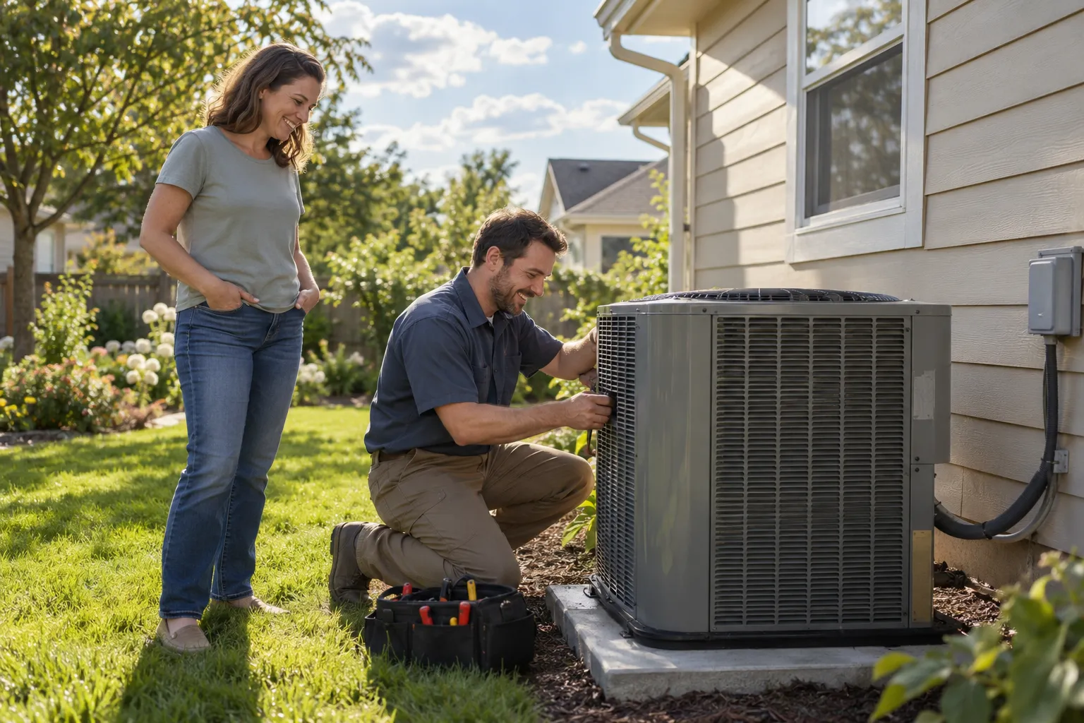Friendly local provider checking an outdoor air conditioner with a homeowner near Indianapolis city